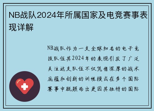 NB战队2024年所属国家及电竞赛事表现详解
