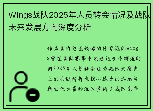Wings战队2025年人员转会情况及战队未来发展方向深度分析